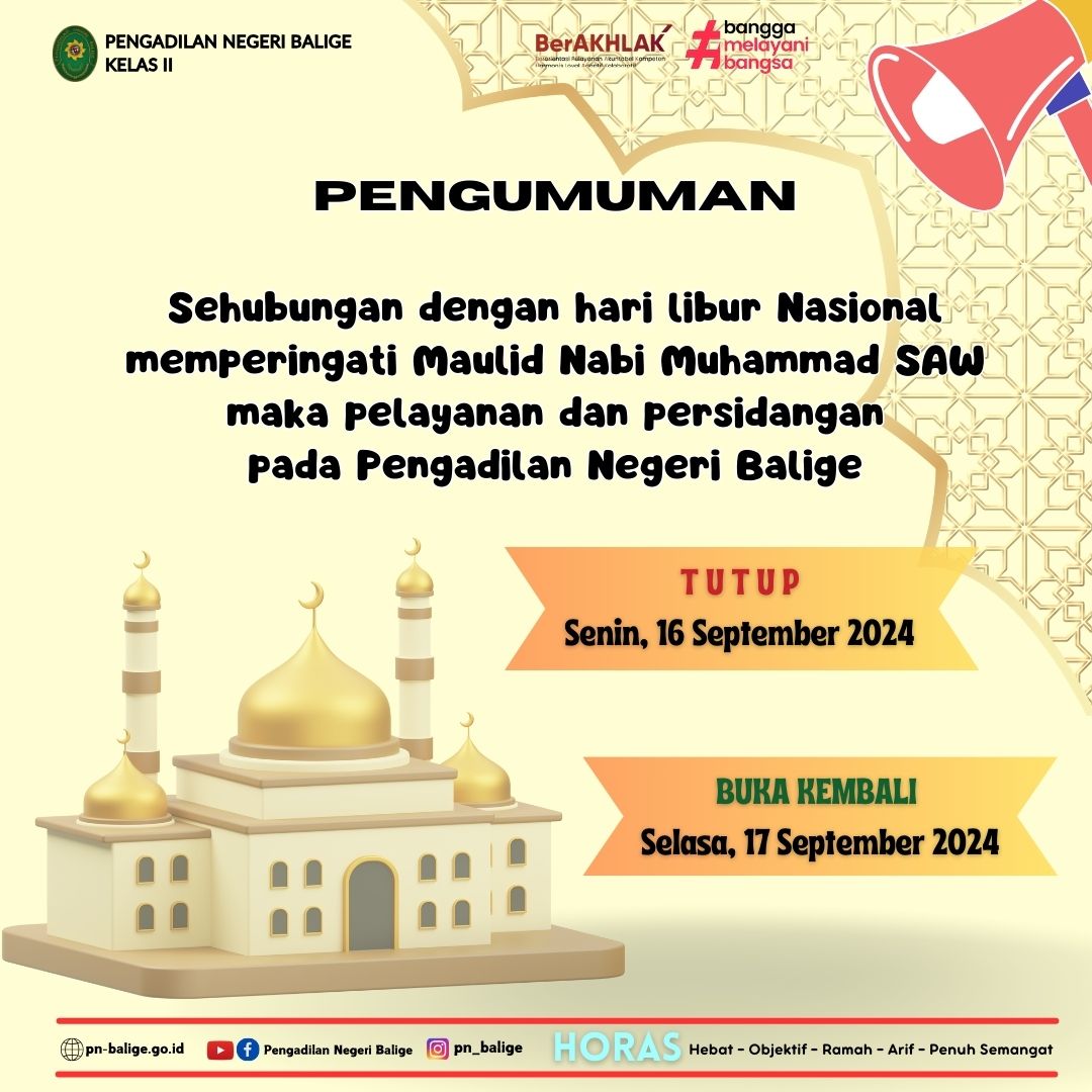 PENGUMUMAN HARI LIBUR MEMPERINGATI MAULID NABI MUHAMMAD SAW