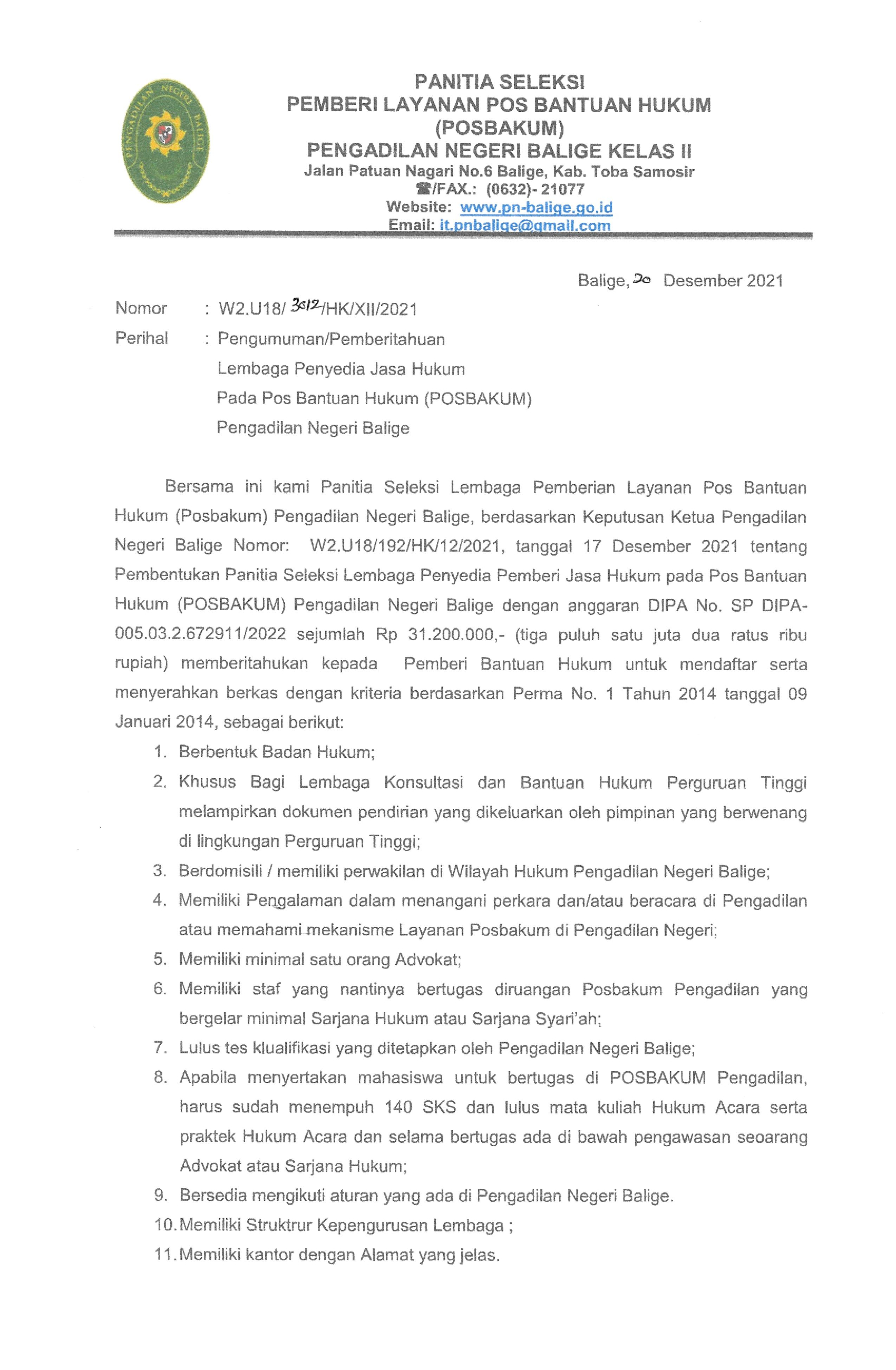 PENERIMAAN PENDAFTARAN CALON LAMBAGA PEMBERI BANTUAN HUKUM (POSBAKUM) 2022 DI PENGADILAN NEGERI BALIGE