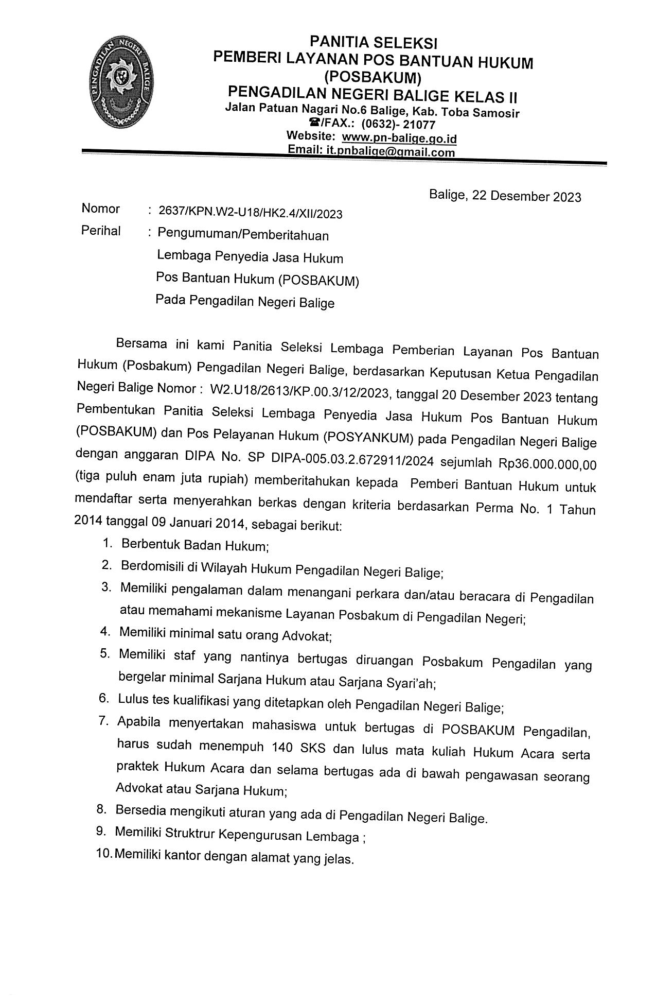 Ralat Pengumuman SELEKSI LEMBAGA PEMBERI LAYANAN POS BANTUAN HUKUM (POSBAKUM) TAHUN ANGGARAN 2024 PENGADILAN NEGERI BALIGE KELAS II.